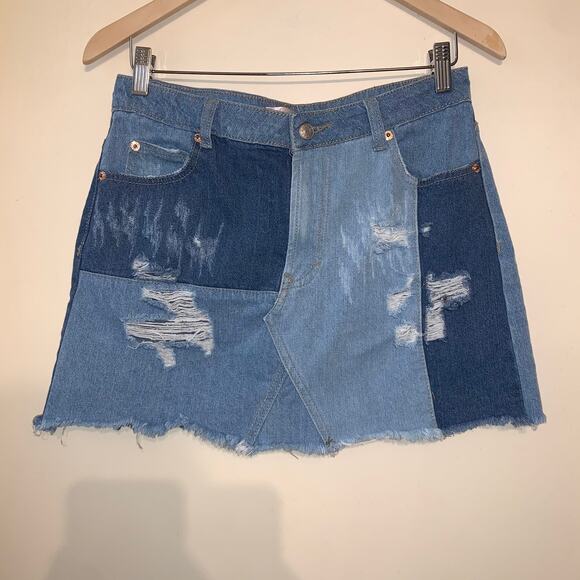 Sunset + Spring Patchwork Boho 70s Denim Mini Skirt Blue - Picture 1 of 6